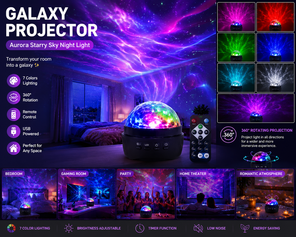 Galaxy Aurora Projector LED Night Light – USB Starry Sky Room Lamp